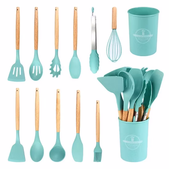 12 utensili da cucina, gadget in plastica, pentole in silicone, utensili da cucina, set di utensili da cucina con manico in legno, colore personalizzato